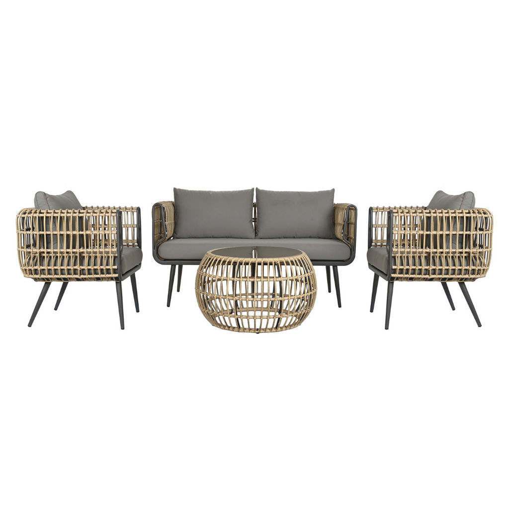 CONJUNTO SILLONES Y MESITAS RATAN GRIS