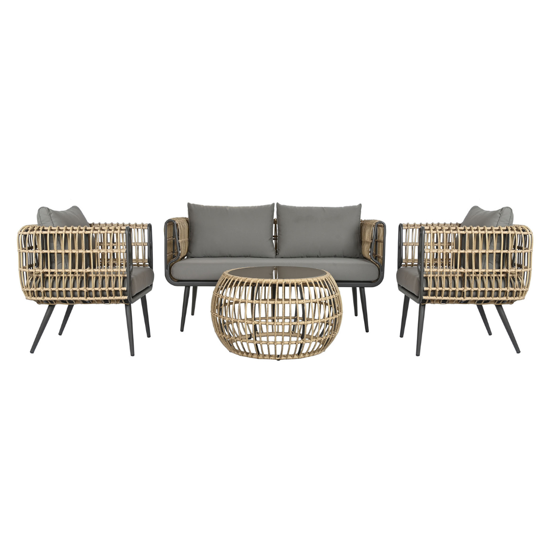 CONJUNTO SILLONES Y MESITAS RATAN GRIS