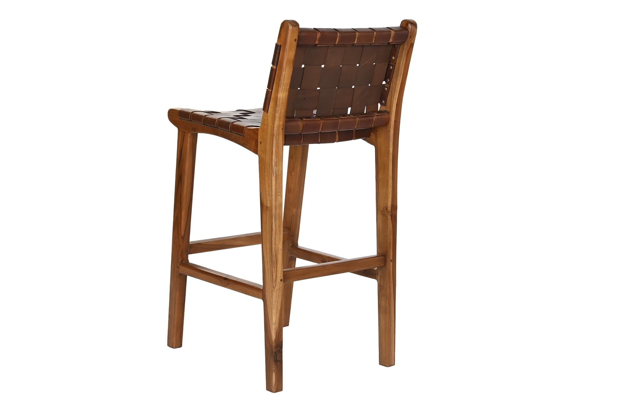 SET 2 TABURETES MADERA DE TECA Y PIEL MARRON