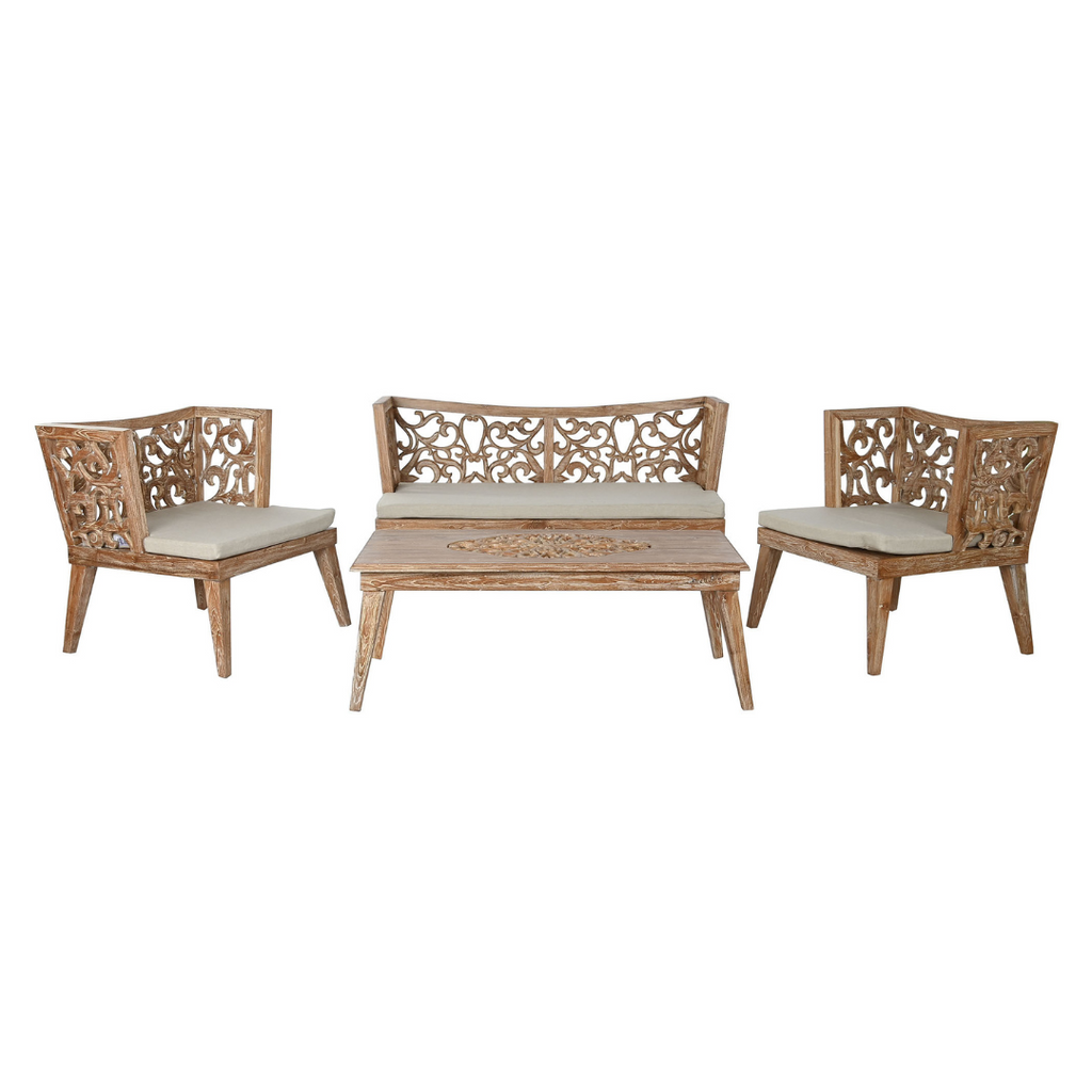 CONJUNTO SOFA MADERA DE TECA TALLADA CON COJINES