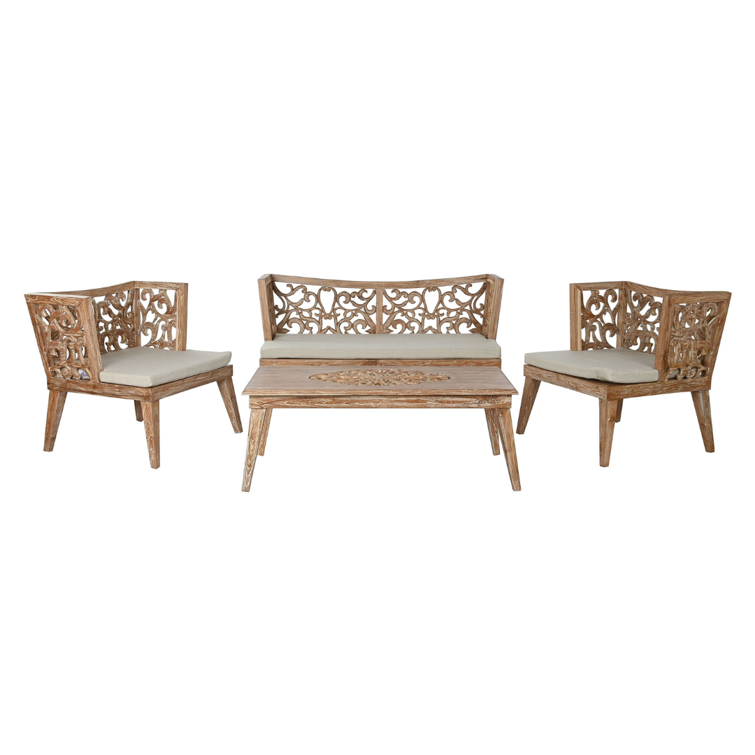 CONJUNTO SOFA MADERA DE TECA TALLADA CON COJINES