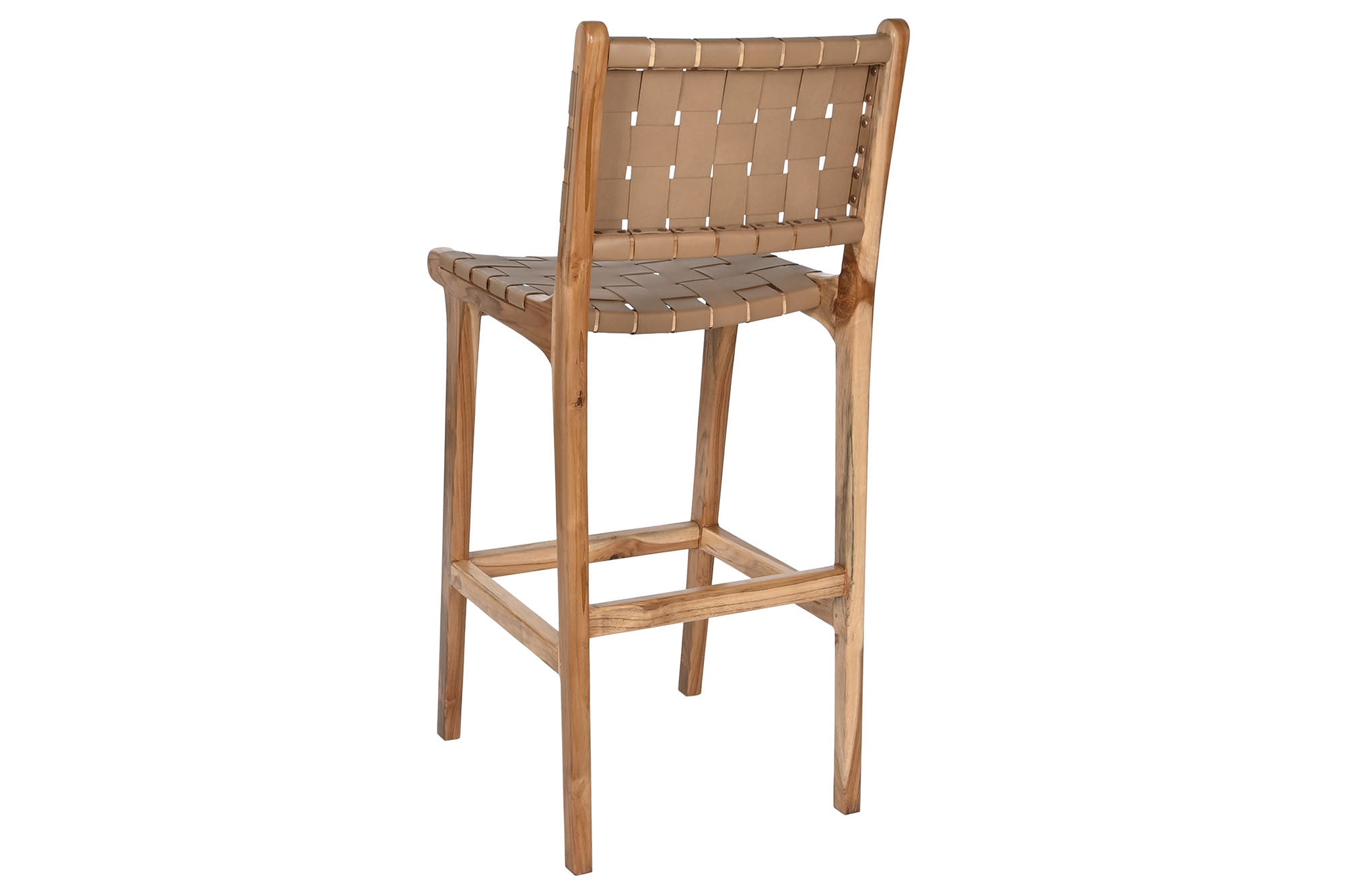 TABURETE MADERA DE TECA Y PIEL BEIGE
