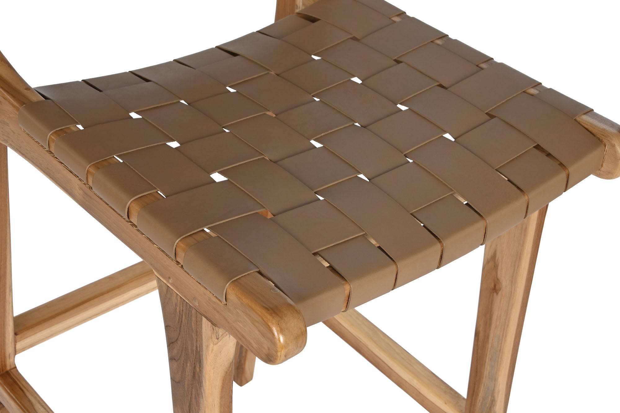 TABURETE MADERA DE TECA Y PIEL BEIGE