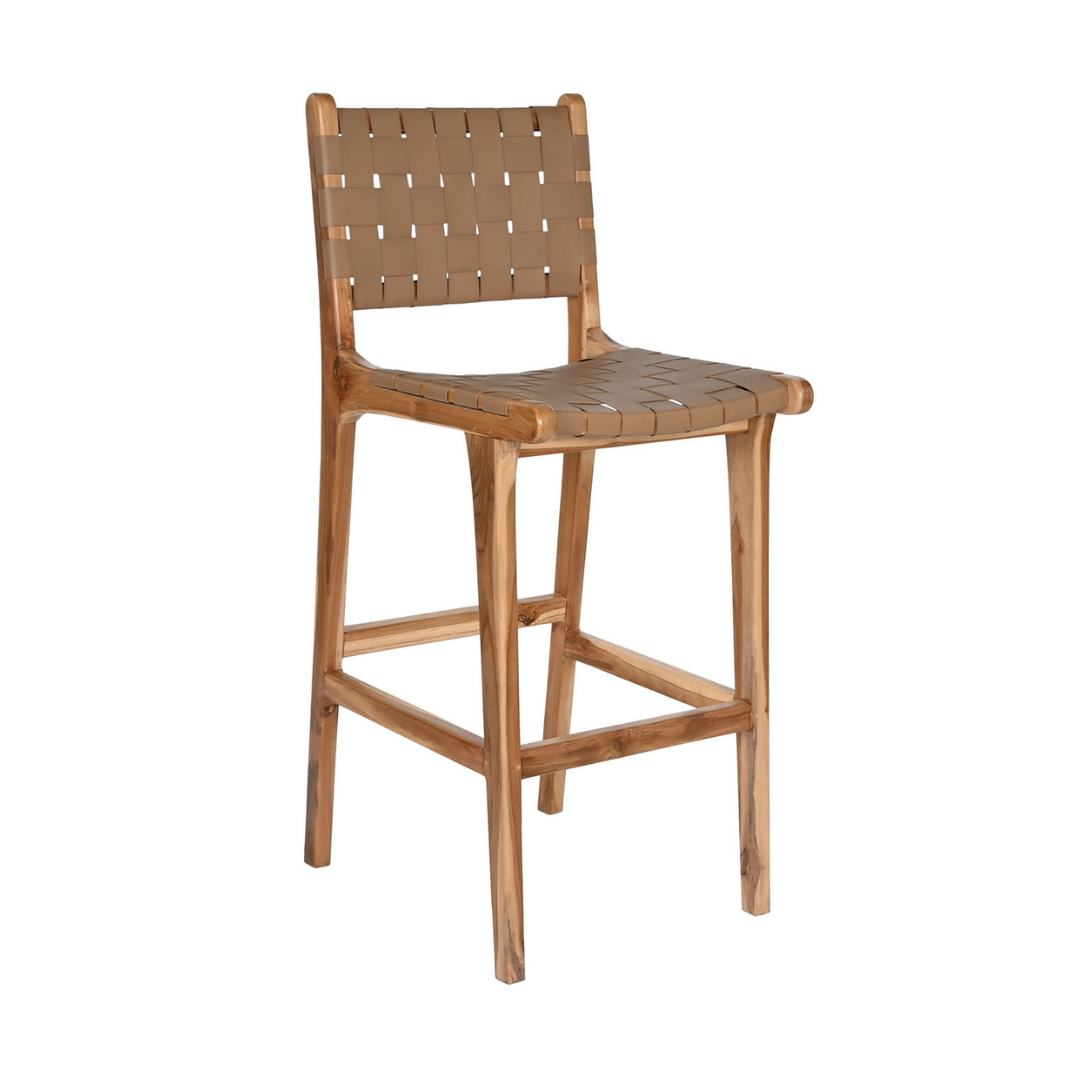 TABURETE MADERA DE TECA Y PIEL BEIGE