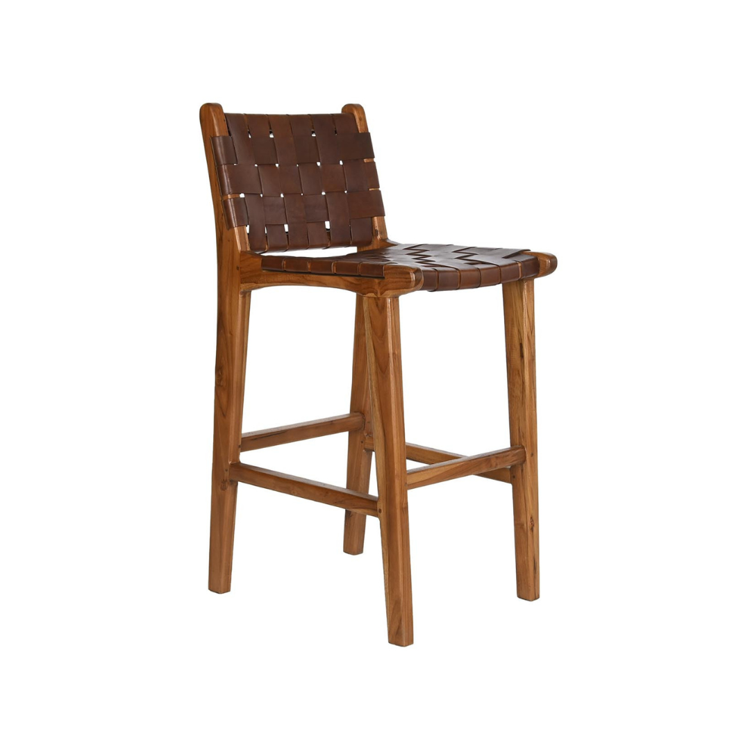SET 2 TABURETES MADERA DE TECA Y PIEL MARRON